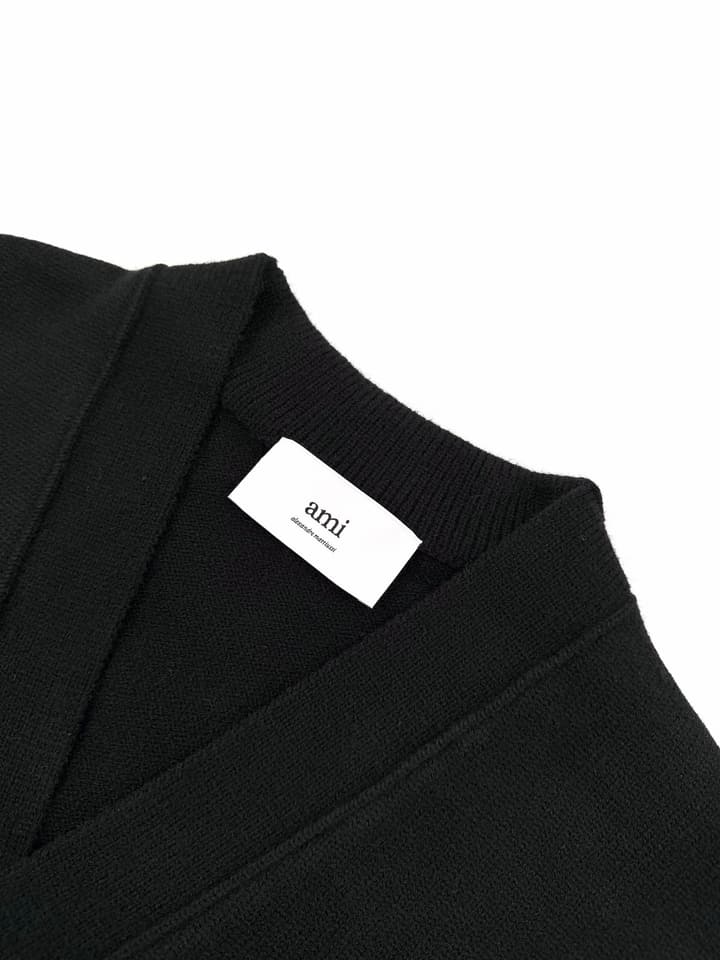 Ami Paris Heart Jacquard Merino Cardigan in Black With Red Heart Logo