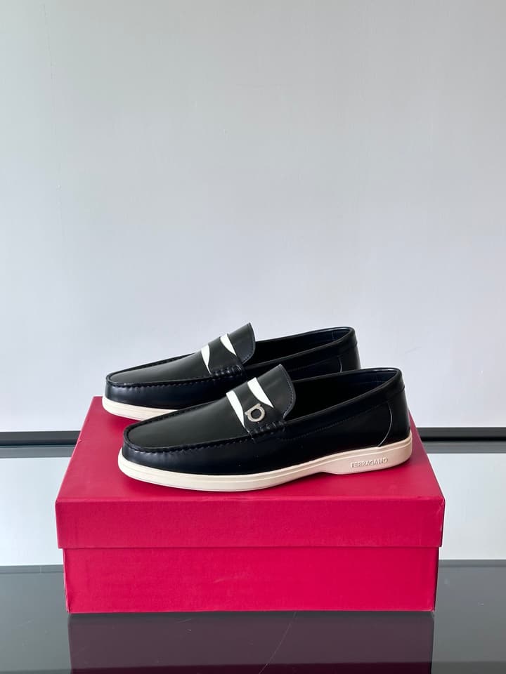 Ferragamo Men's Imported Calfskin Driving Shoes in Classic Black Leather