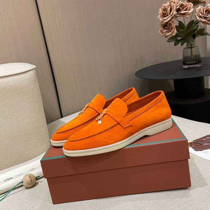 Loro Piana Summer Charms Walk Moccasin Loafers in Bright Orange Leather