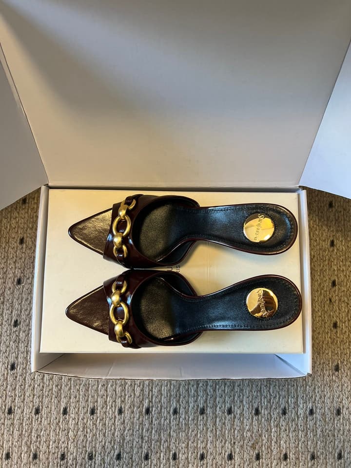 Saint Laurent Chain Pointed-Toe Heeled Mules – 26SS in Beige