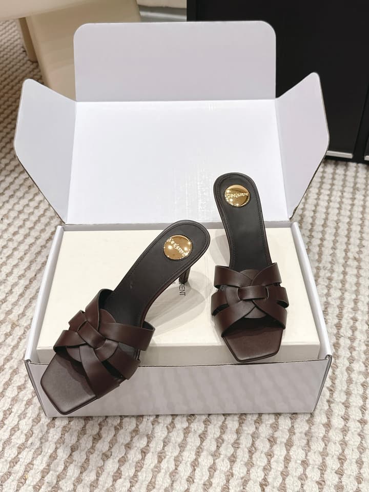 Saint Laurent Melody Square-Toe Heeled Sandals – 2026 Spring/Summer Collection in Beige Patent