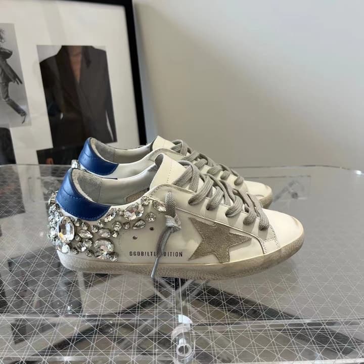 Golden Goose Superstar Diamond Tail Sneakers – 2023 Autumn/Winter in Distressed White With Royal Blue Rhinestone Heel