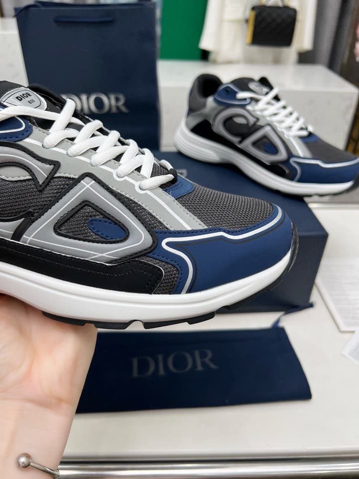 Dior B30 Unisex Mesh and Leather Sneakers in Navy Blue And Grey