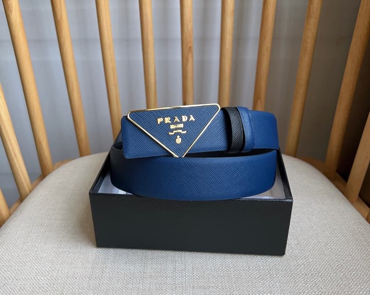 Prada Triangle Logo Buckle Belt in Black Textured Leather With Black Buckle