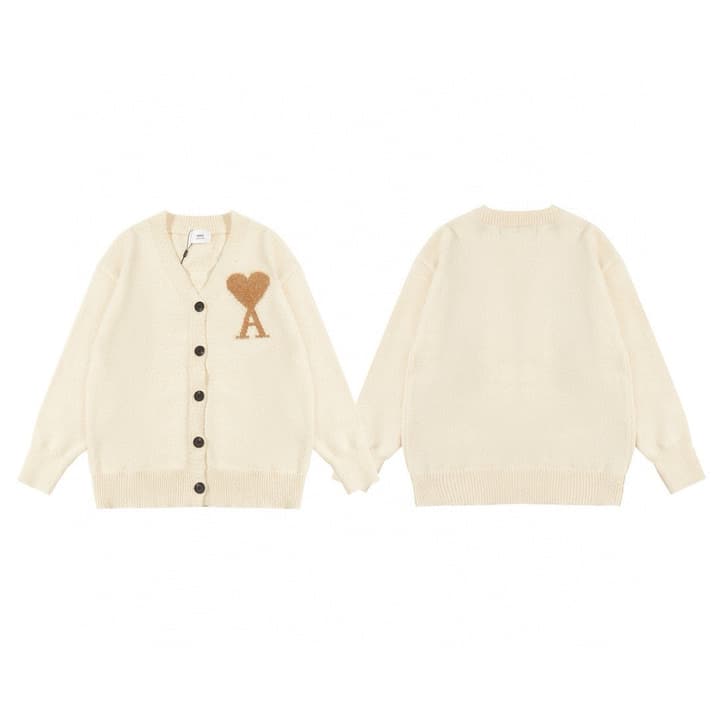 AMI Paris Holiday Limited Gold Heart Jacquard Cardigan – 24FW in Cream Gold Heart Cardigan