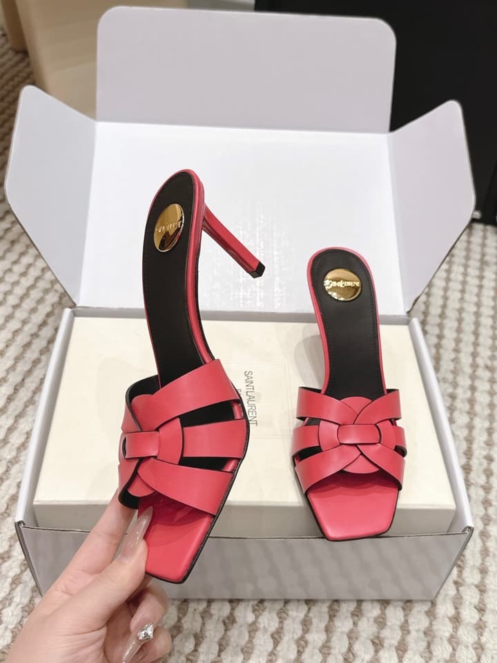 Saint Laurent Melody Square-Toe Heeled Sandals – 2026 Spring/Summer Collection in Beige Patent