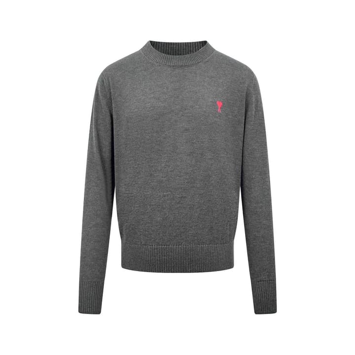 Ami Paris Heart Embroidery Merino Wool Sweater in Dark Grey With Red Heart