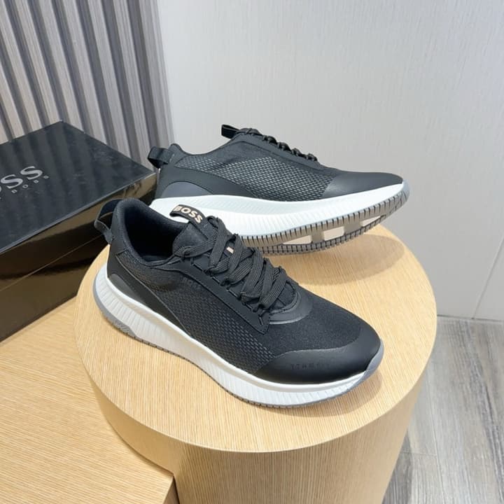 Boss Men's Layered Sport Sneakers in Black With White Sole