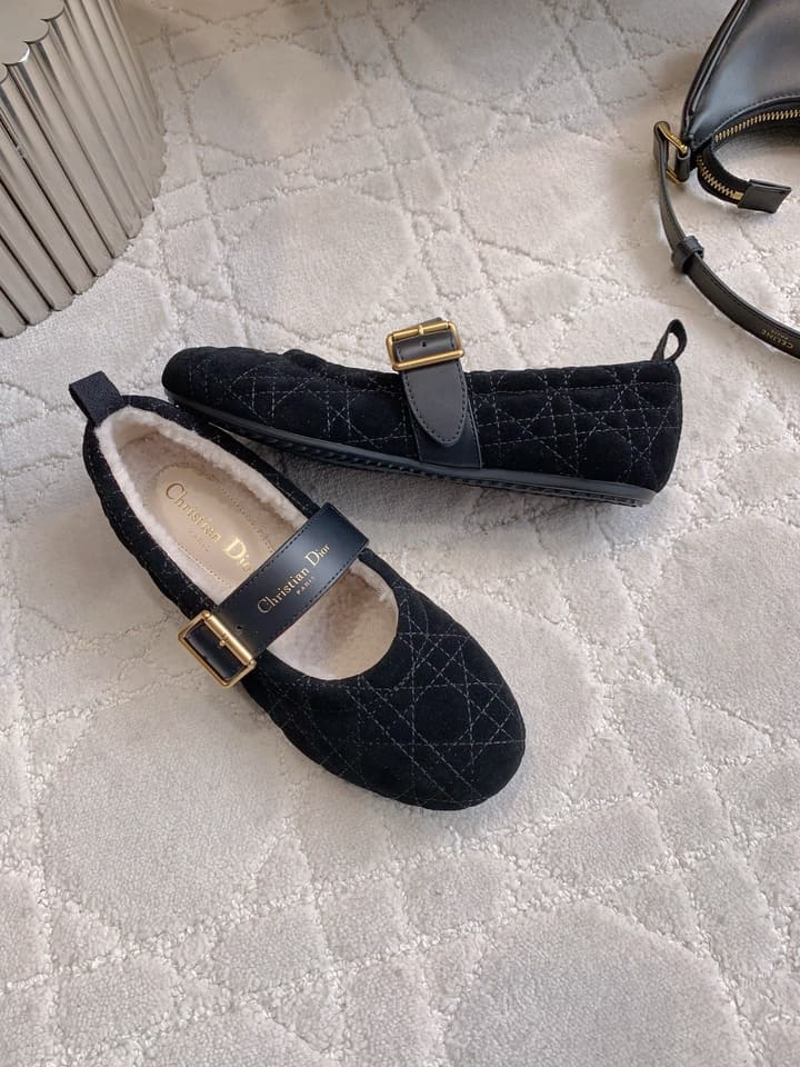 Dior Quilted Wool Mary Jane Flats in Black Suede