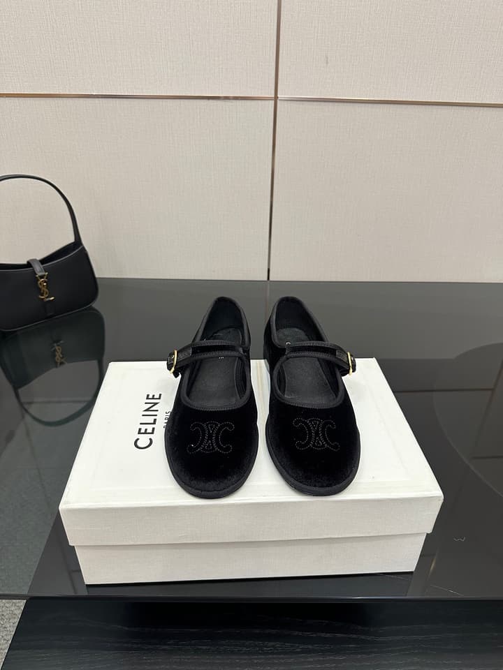Celine Velvet Mary Jane Flats – 25 Collection in Black Velvet