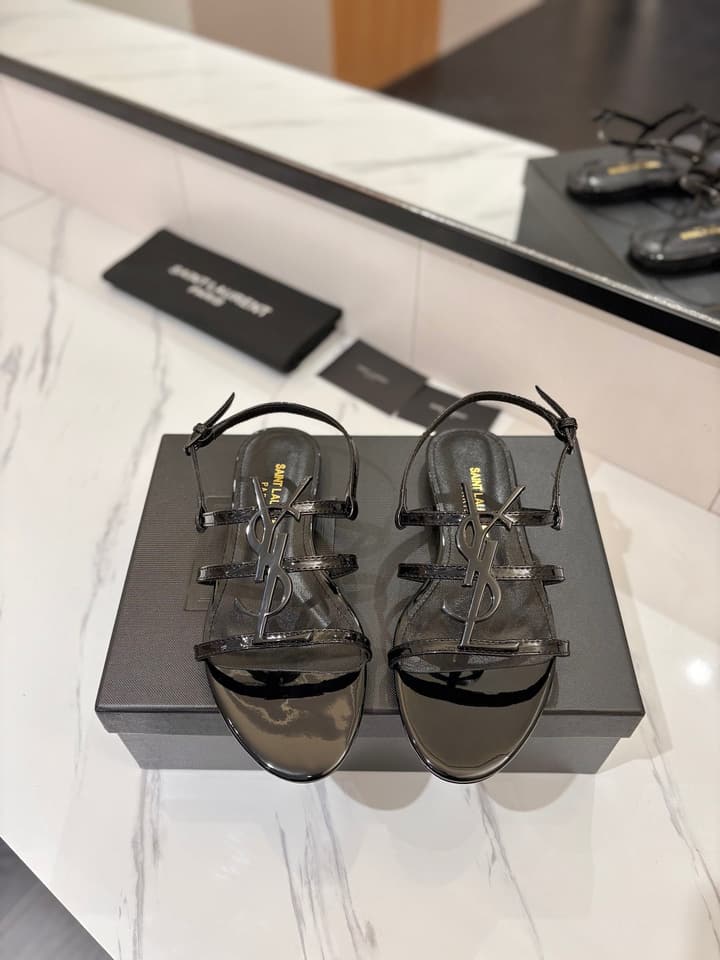 Saint Laurent YSL Metal Logo Heeled Sandals in Matte Black Criss-cross Strap Sandal