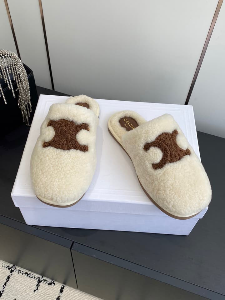 Celine Triomphe Wool Slippers – Autumn/Winter Collection in Beige