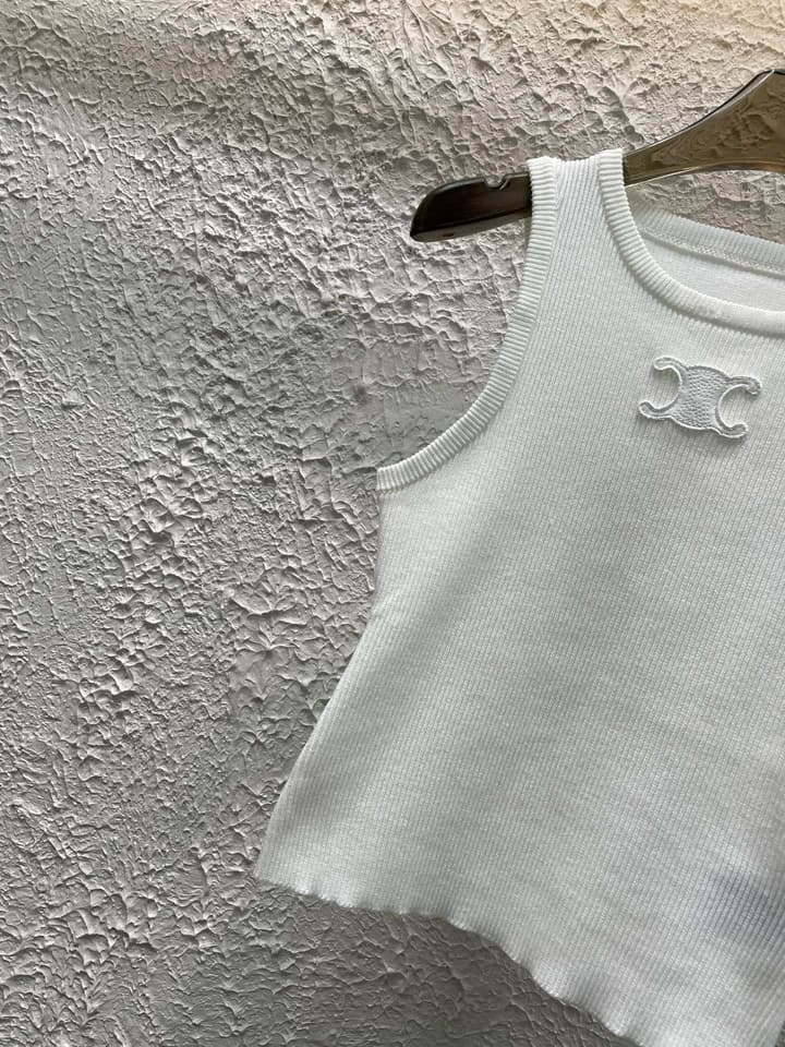 Celine Triomphe Embroidered Crewneck Knit Tank Top in Black