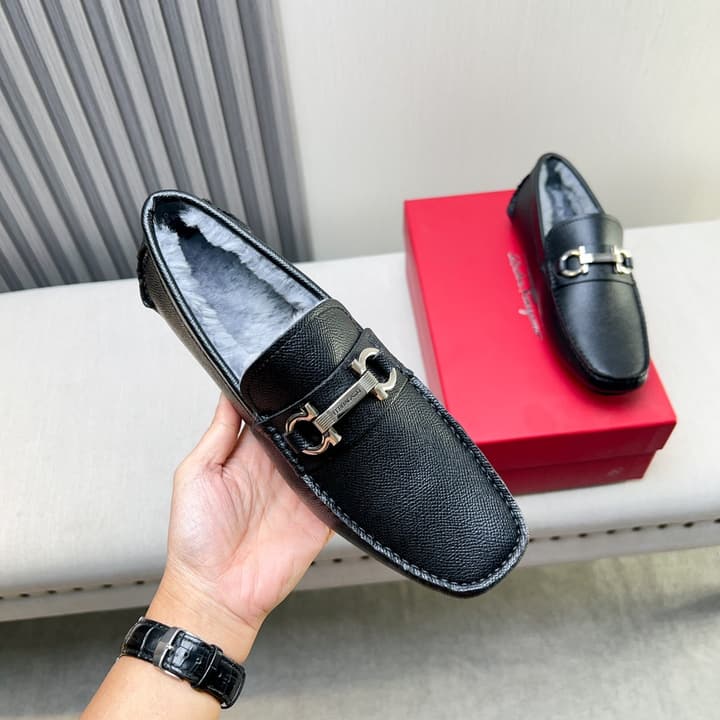 Ferragamo Imported Cowhide Fur-Lined Loafers in Black Patent Leather