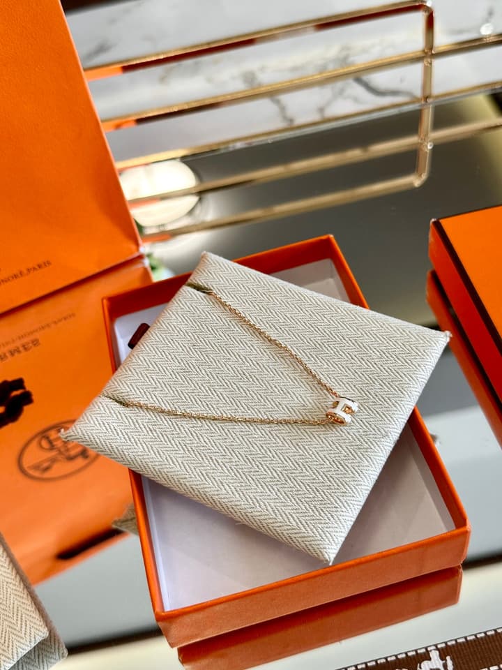 Hermès H-Letter Oval Enamel Necklace in Gold
