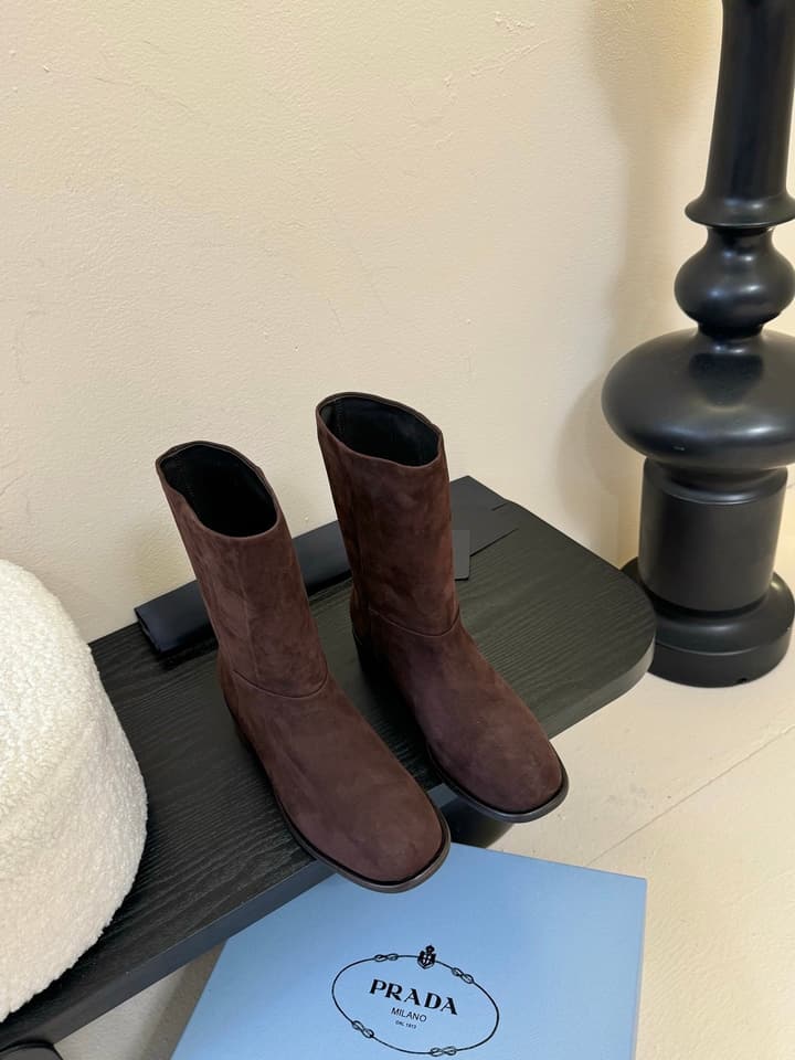 Prada Thick-Sole Knight Boots – 25SS in Dark Brown Suede