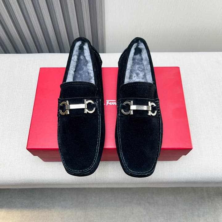 Ferragamo Imported Cowhide Fur-Lined Loafers in Black Patent Leather