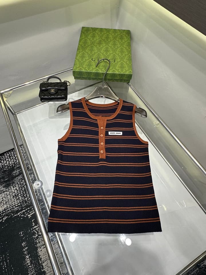 Miu Miu Striped Buttoned Slim-Fit Tank Top in Coffee