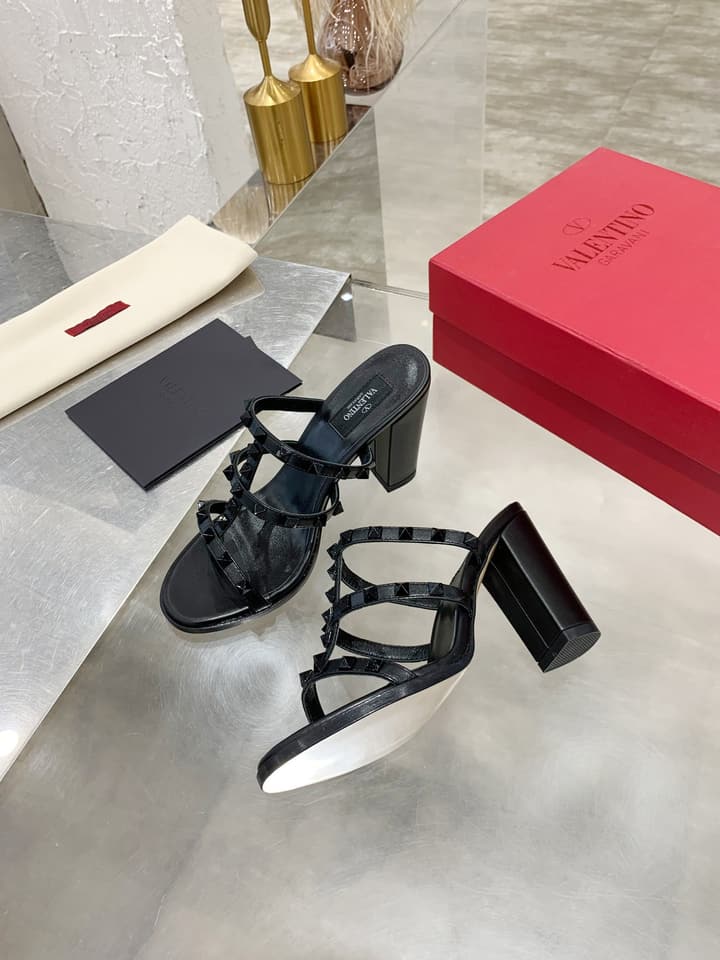 Valentino Studded Classic Block Heel Sandals in Beige