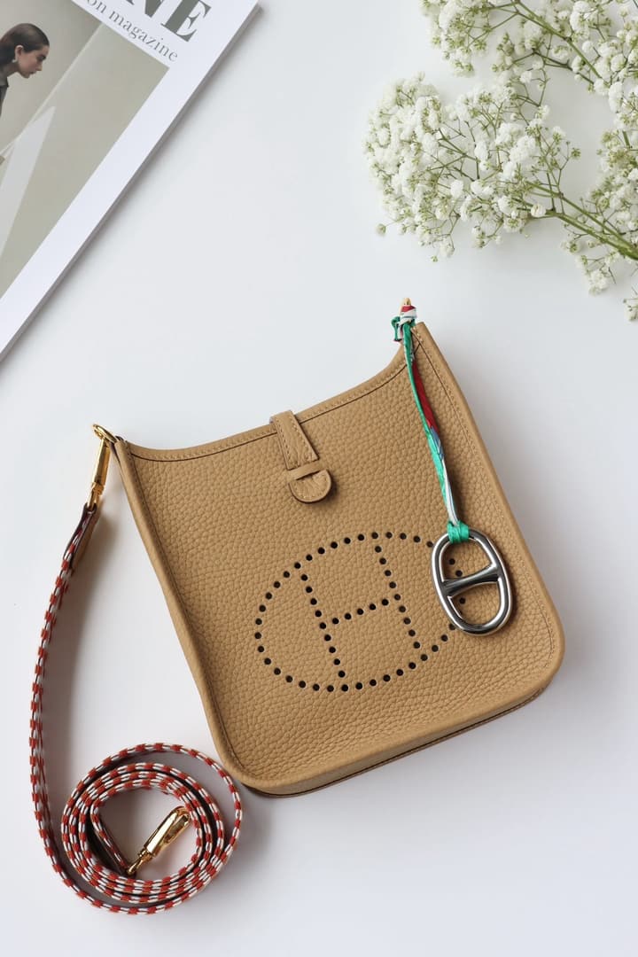 Hermès Mini Evelyne TPM – Biscuit with Colorful Strap in Biscuit With Colorful Strap