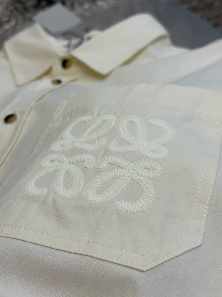 Loewe Embroidered Pocket Lyocell Long-Sleeve Shirt in Off-White