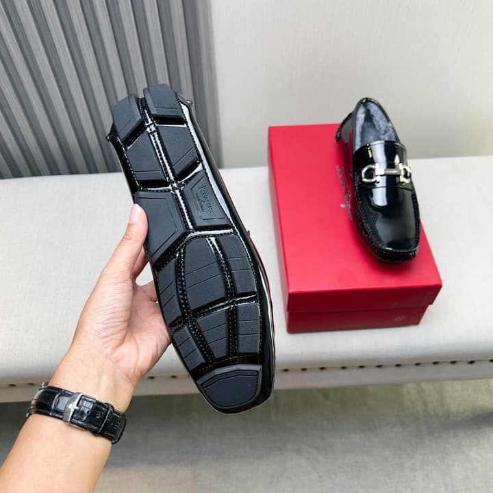 Ferragamo Imported Cowhide Fur-Lined Loafers in Black Patent Leather