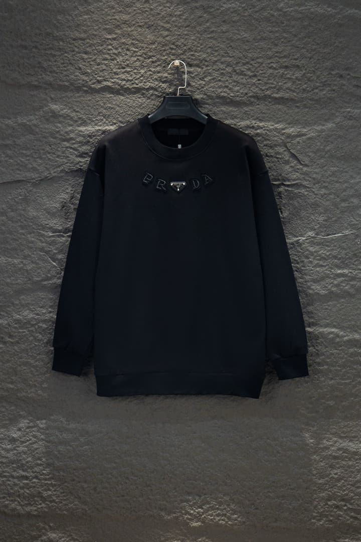 Prada Oversize Heavyweight Embroidered Sweatshirt in Black Crewneck