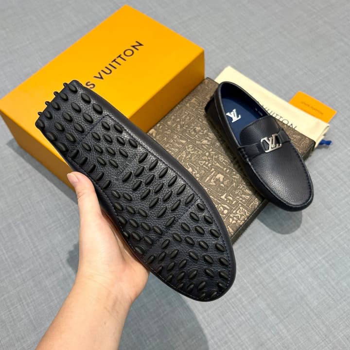Louis Vuitton Men's Grained Leather Driving Shoes in Dark Gunmetal Hardware