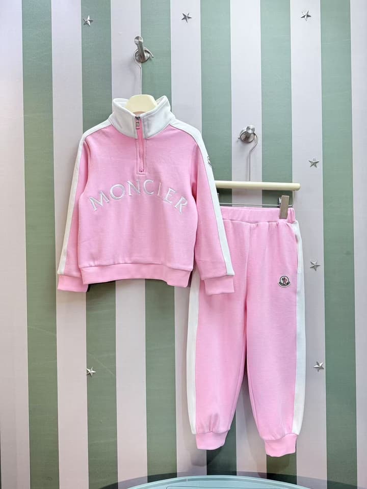Moncler Kids Stand Collar Embroidered Tracksuit Set – 2025SS – Kids Collection in Light Pink With White Stripes