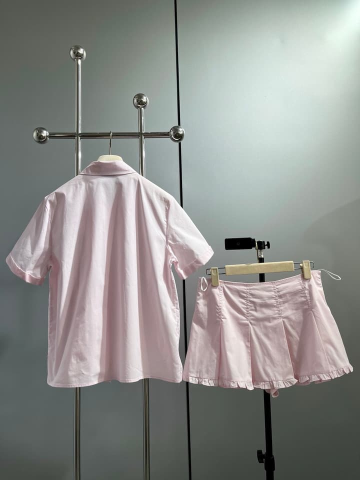 Miu Miu Embroidered Ruffle Shirt and Pleated Skort Set in Pink