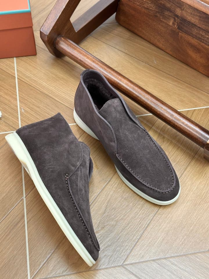 Loro Piana Men's Fur-Lined Boots in Dark Coffee Suede