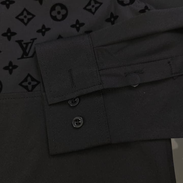 Louis Vuitton Flocked Logo Patchwork Long Sleeve Shirt – 2025 Collection in Black Flocked Monogram Shirt