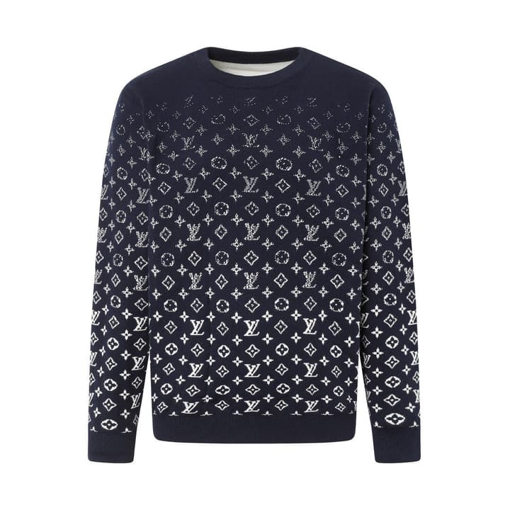 Louis Vuitton Logo Crewneck Long Sleeve Sweater in Deep Blue Monogram