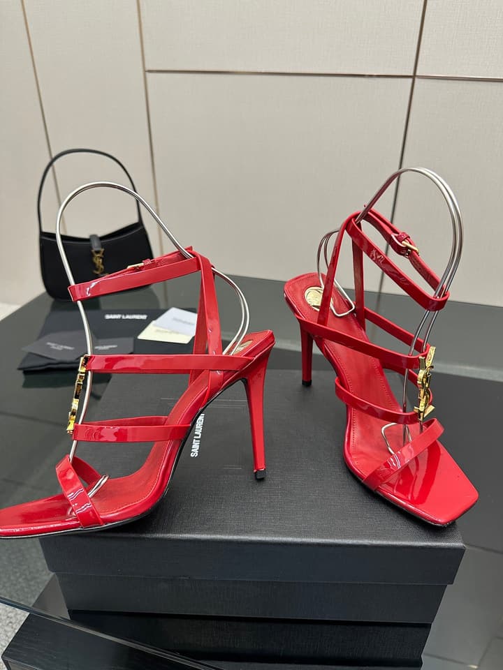 Saint Laurent Patent Leather Heeled Sandals in Bright Amber