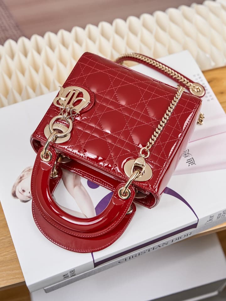 Dior Lady Dior Mini Patent Crossbody Bag in Cherry Red Patent