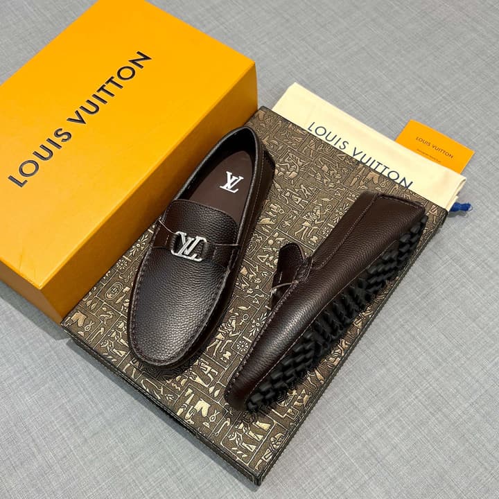 Louis Vuitton Men's Grained Leather Driving Shoes in Dark Gunmetal Hardware