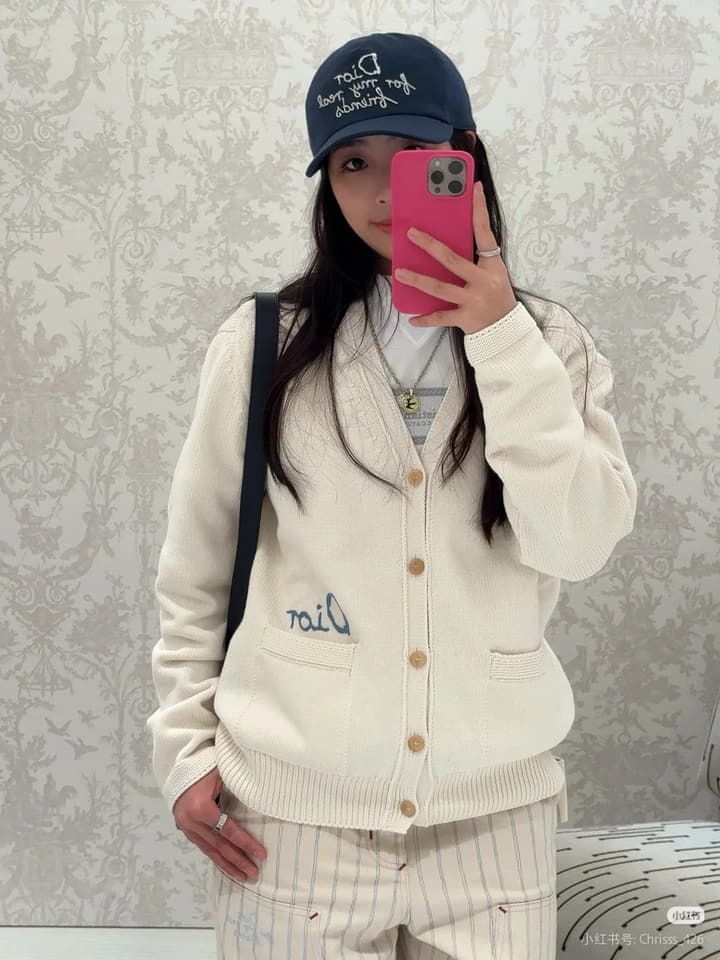 Dior CD Letter Embroidered Knit Cardigan – 2025 Fall in Cream Beige