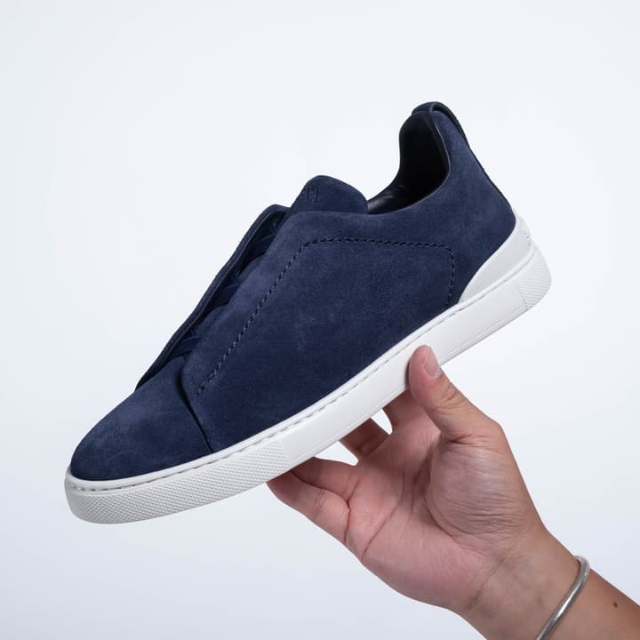 Zegna SECONDSKIN Triple Stitch Low-Top Sneakers in Navy Smooth Leather