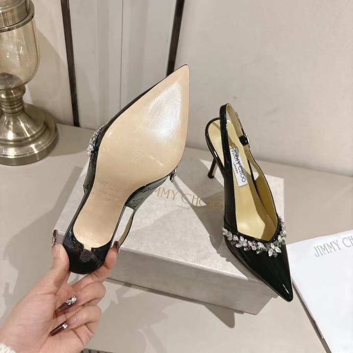 Jimmy Choo Pointed-Toe Crystal-Embellished Heeled Sandals – 2025 Summer in Black