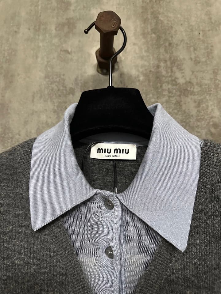 Miu Miu Jacquard Logo Faux Two-Piece Knit Polo Shirt in Gold