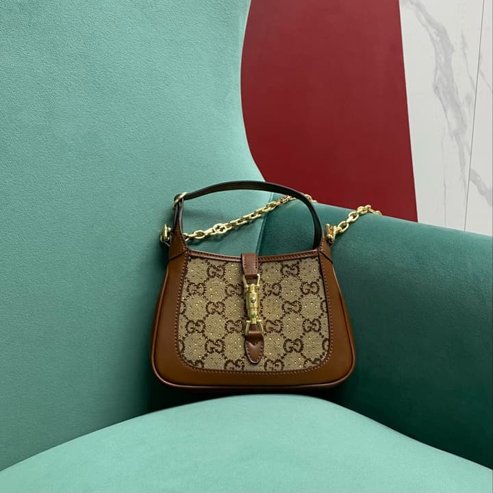 Gucci Jackie Mini Crystal-Embellished Shoulder Bag in Brown/G-Fabric Small Diamonds