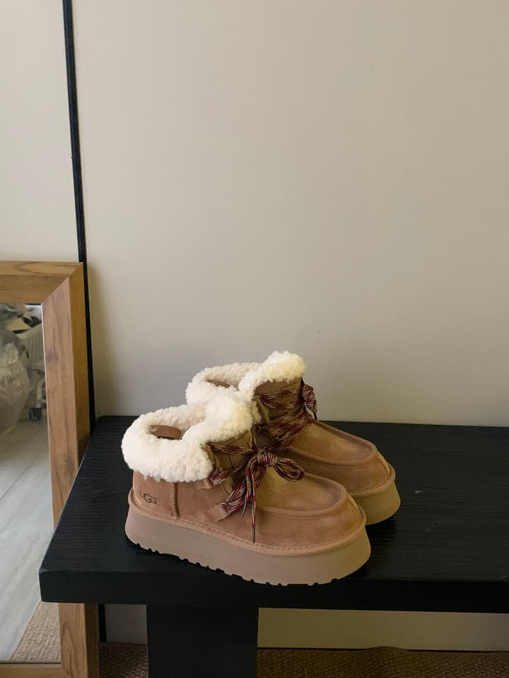 UGG Fluff Lace-Up Ankle Boots in Dark Blue With Gold Chain