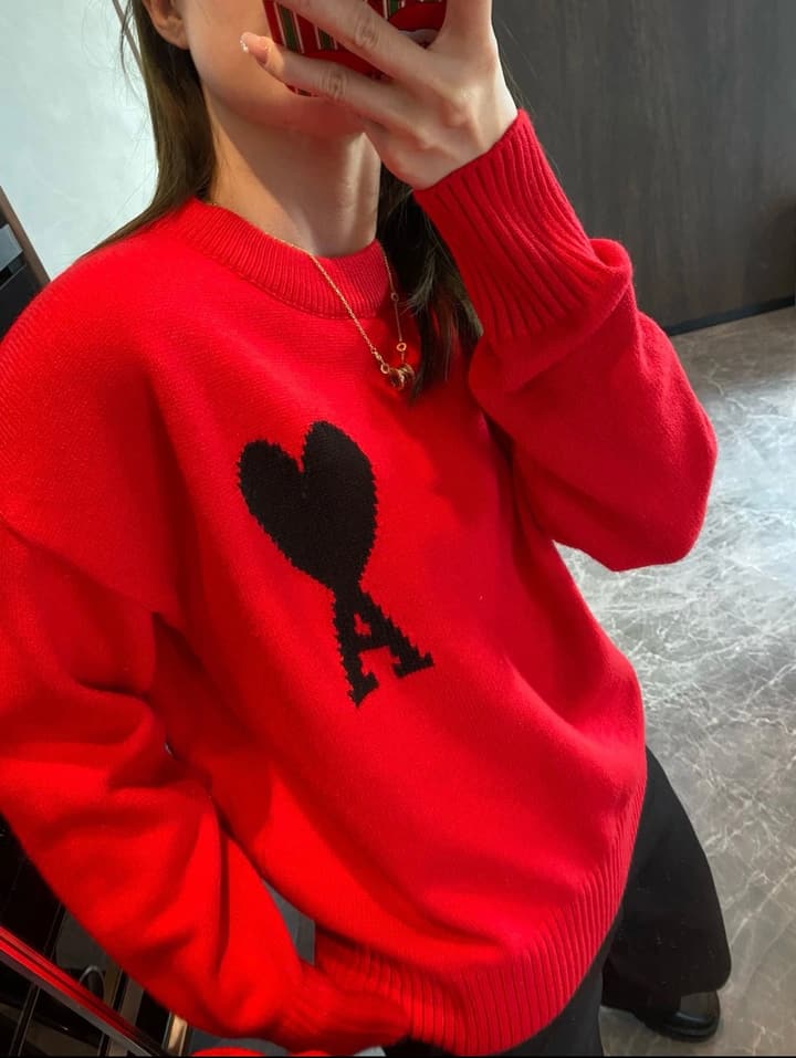AMI Paris Heart Logo Knitted Sweater in Vibrant Red