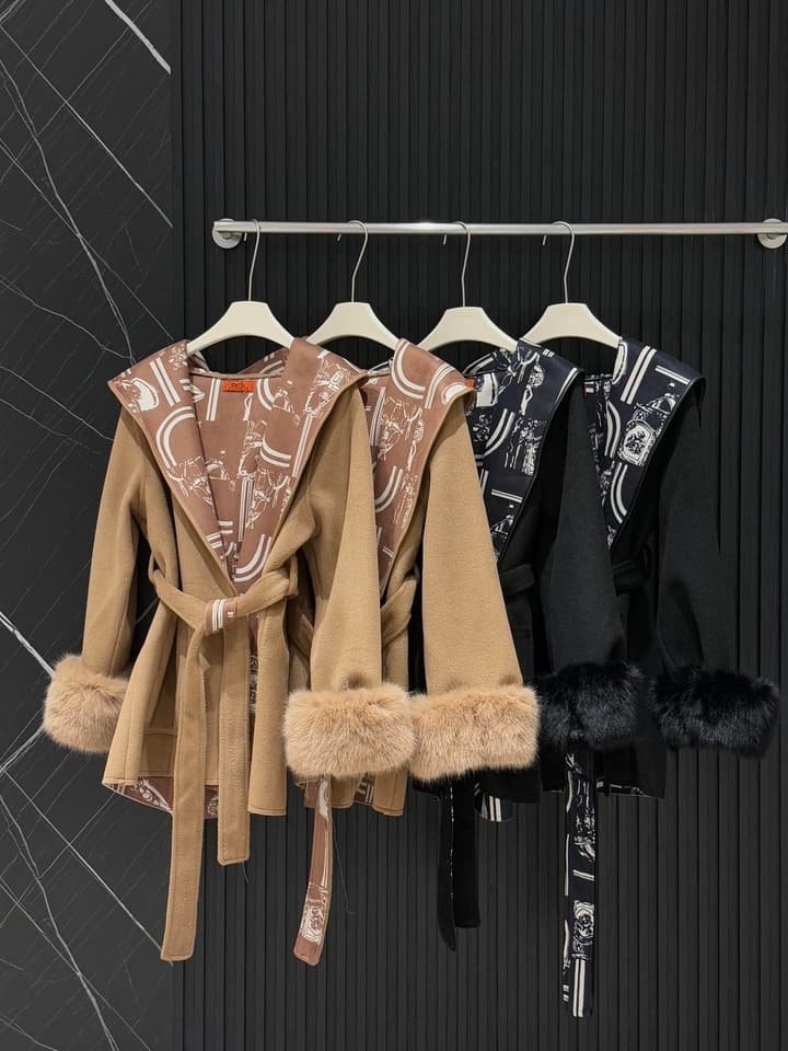 Hermès Old Money Detachable Faux Fur Sleeve Coat in Black With Patterned Reversible Side