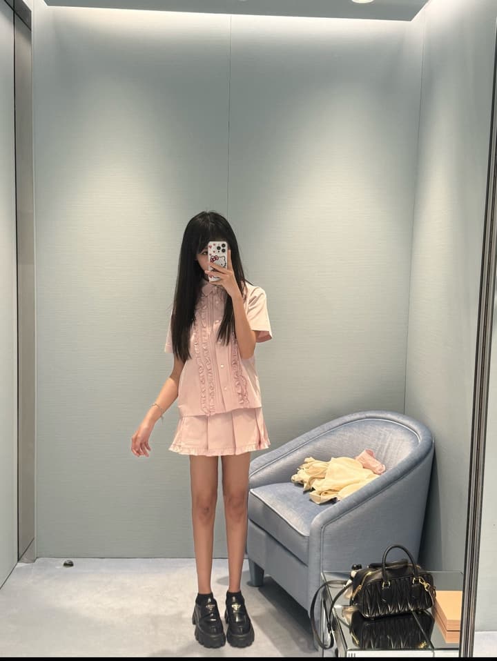 Miu Miu Embroidered Ruffle Shirt and Pleated Skort Set in Pink