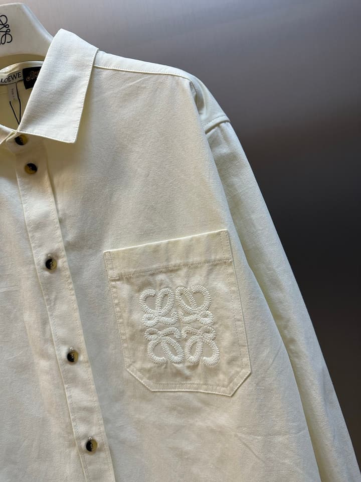 Loewe Embroidered Pocket Lyocell Long-Sleeve Shirt in Off-White