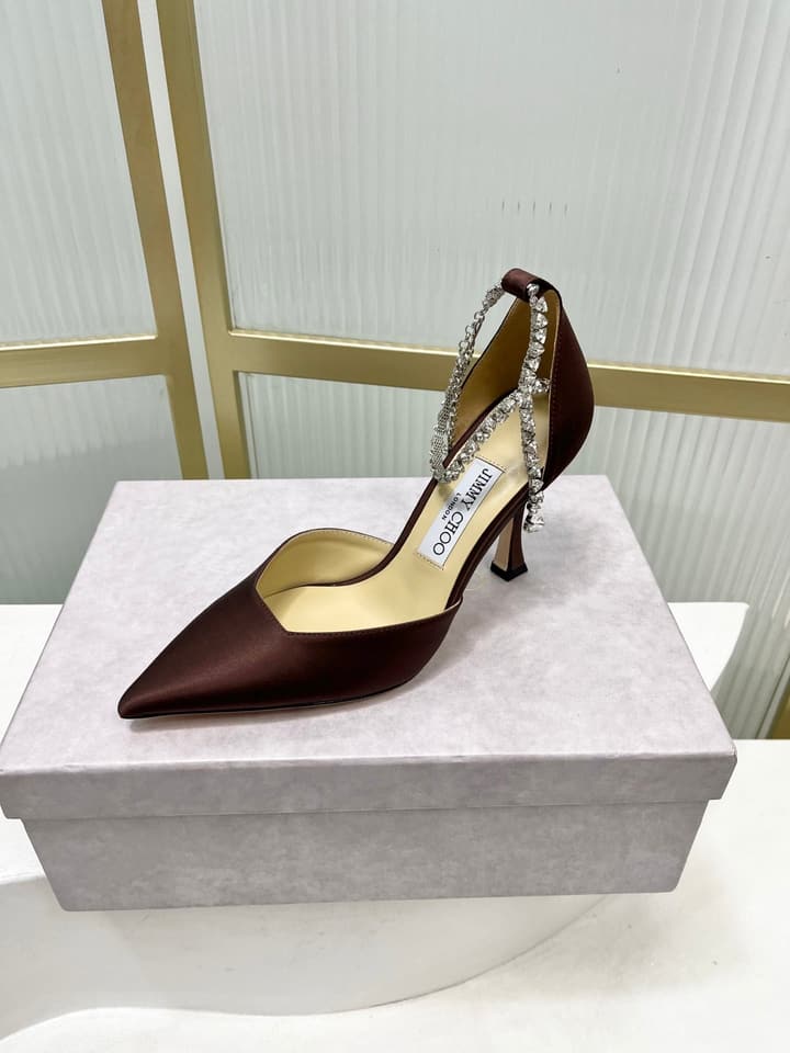 Jimmy Choo Stevie 100 Satin Bow Heels in Brown Satin