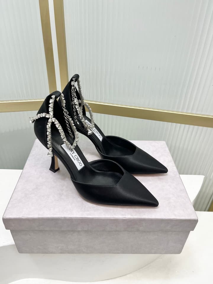 Jimmy Choo Stevie 100 Bow Crystal Silk Heels – 2025SS in Black Silk