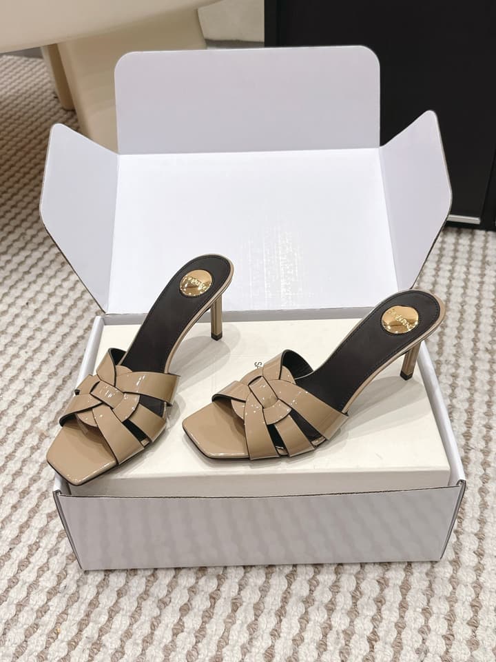 Saint Laurent Melody Square-Toe Heeled Sandals – 2026 Spring/Summer Collection in Beige Patent