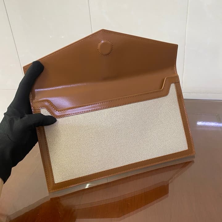 Saint Laurent Uptown Canvas Clutch Bag in Canvas With Caramel Trim
